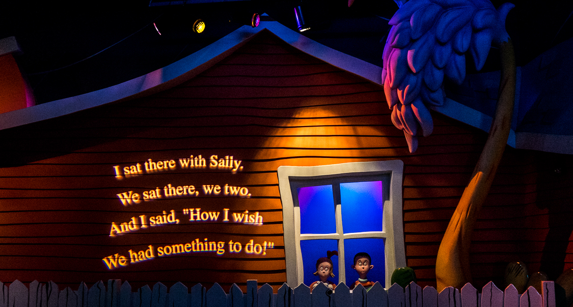 Excerpts from the book are incorporated into the ride design, where a projection on the wall reads "I sat there with Sally. We sate there, we two. And I said, 'How I wish we had something to do'"