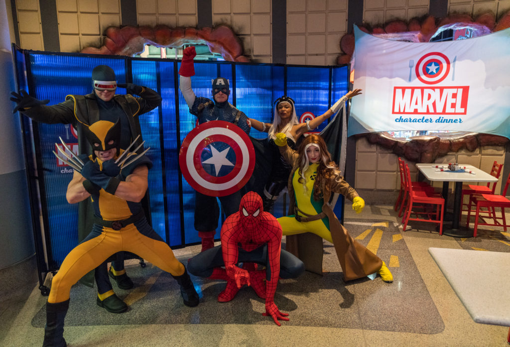 Marvel characters pose at the Marvel Character Dinner at Universal's Islands of Adventure