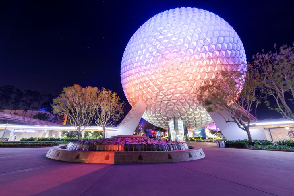 Epcot's Spaceship Earth at night