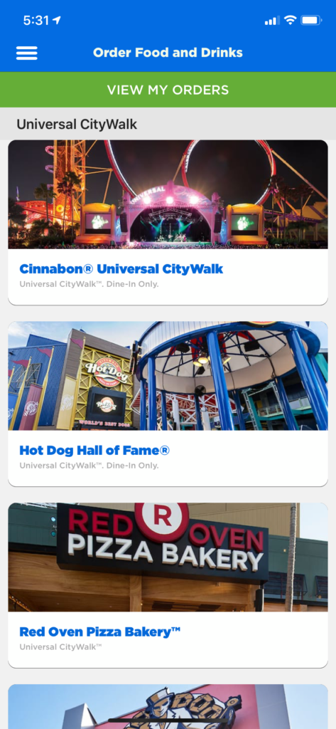 Mobile ordering on the Universal Orlando app