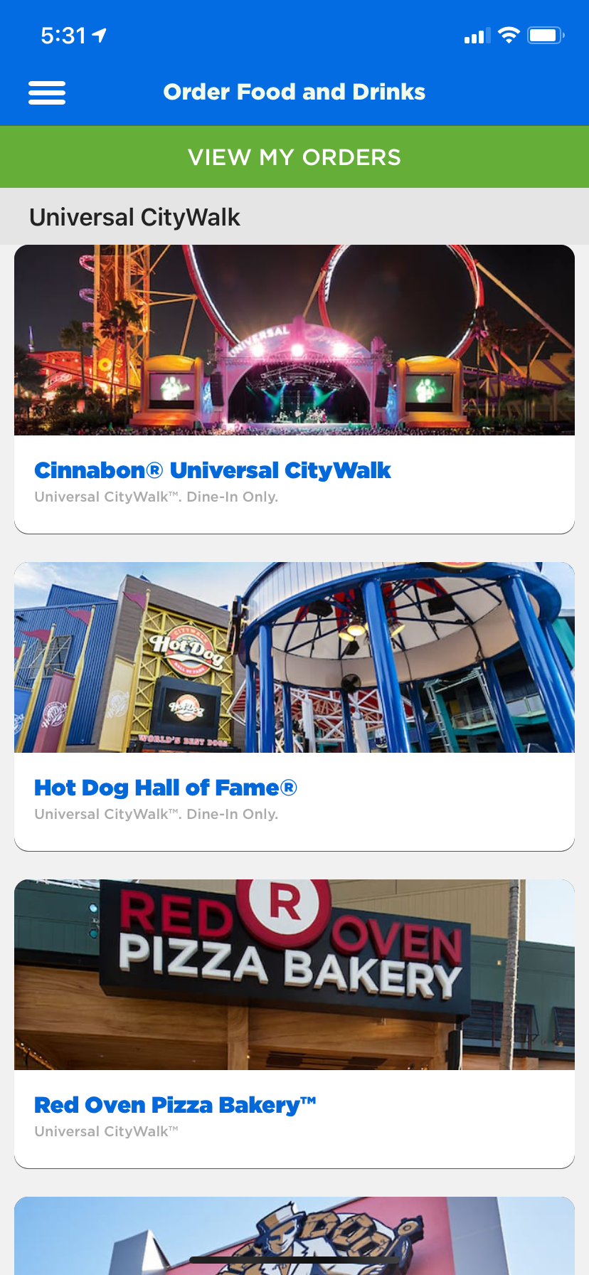 Mobile ordering on the Universal Orlando app