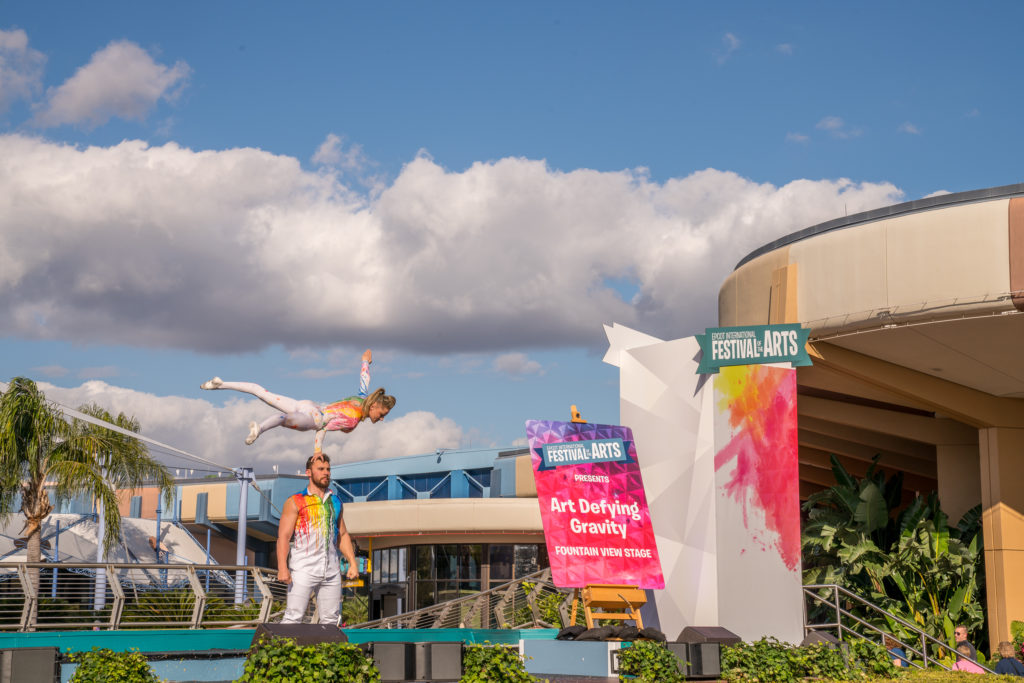 "Art Defying Gravity" acrobats performing at EPCOT's Fountain View Stage