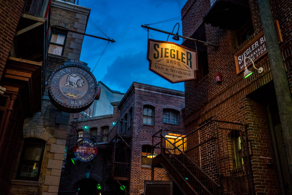brick buildings tower over the laneways in the New York section at Universal Studios Florida