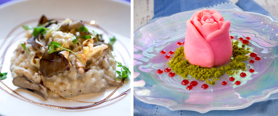 Wild Mushroom Risotto and Vanilla, Rose Water, and Pistachio Panna Cotta