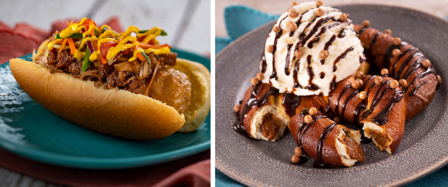 Plant-based Bratwurst with Spicy Turmeric Aïoli, Coffee Barbecue Jackfruit, and Slaw; Warm Brown Sugar-stuffed Pretzel with Banana Soft-serve Ice Cream and Chocolate Sauce