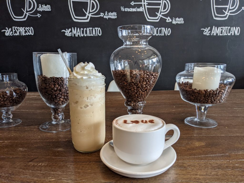 A Brazilian Cappuccino and Vanilla Lavender frappe at Holy Grain Coffee Shop