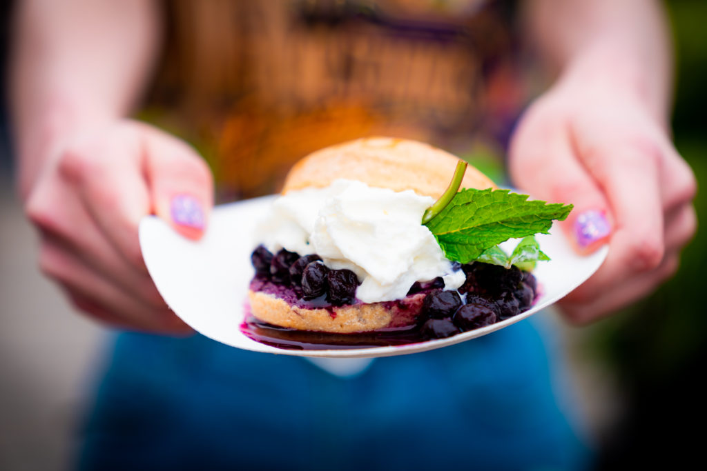 Biscuit halves topped with blueberry compote, creme, and honey topped with basil on a white plate. Held out by two hands with light purple glitter nails. 