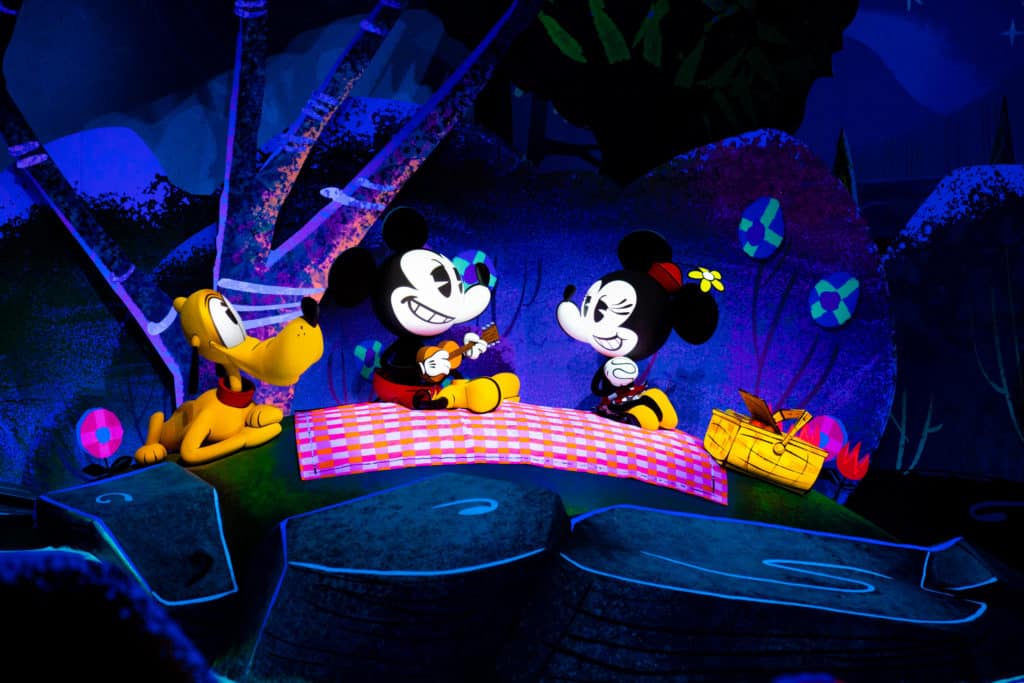 Mickey, Minnie, and Pluto picnic scene from Mickey and Minnie's Runaway at Disney's Hollywood Studios