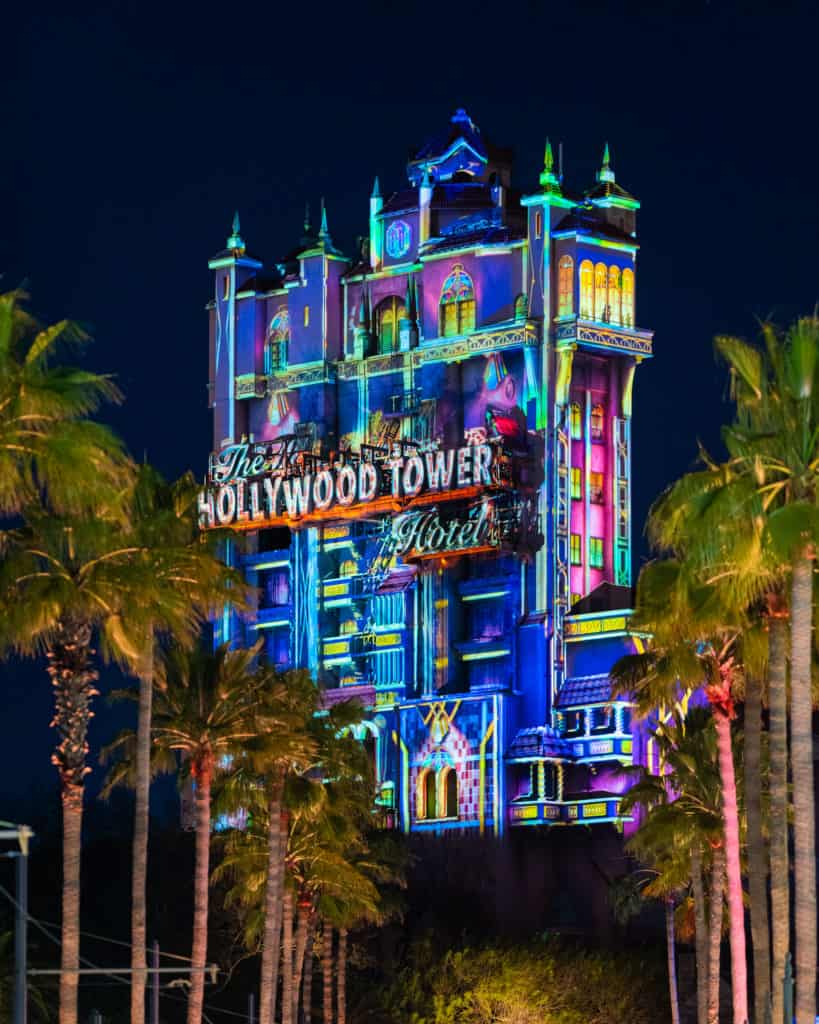 Tower of Terror alit with projections as a Beacon of Magic at Disney's Hollywood Studios