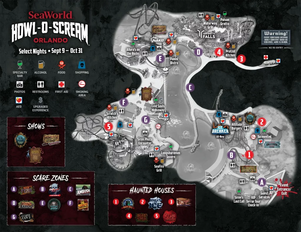 Event Map for Howl-O-Scream at SeaWorld Orlando 2022