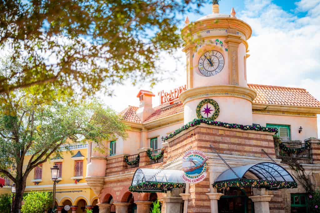 Seasonal decor lining the Islands of Adventure Trading Company exterior