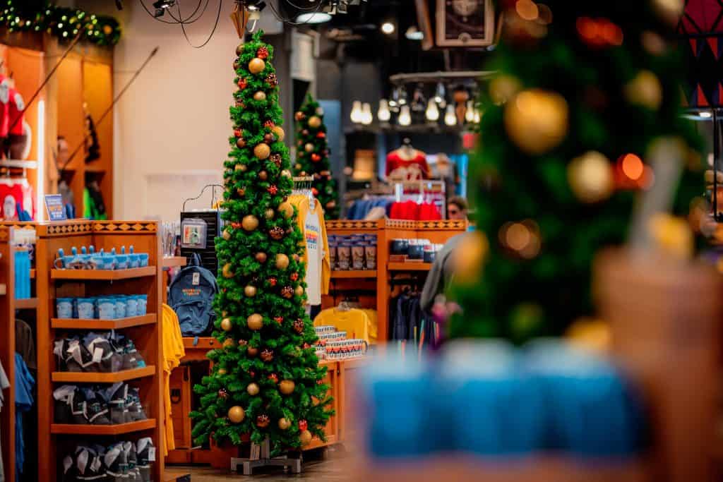 Christmas trees inside Islands of Adventure Trading Company