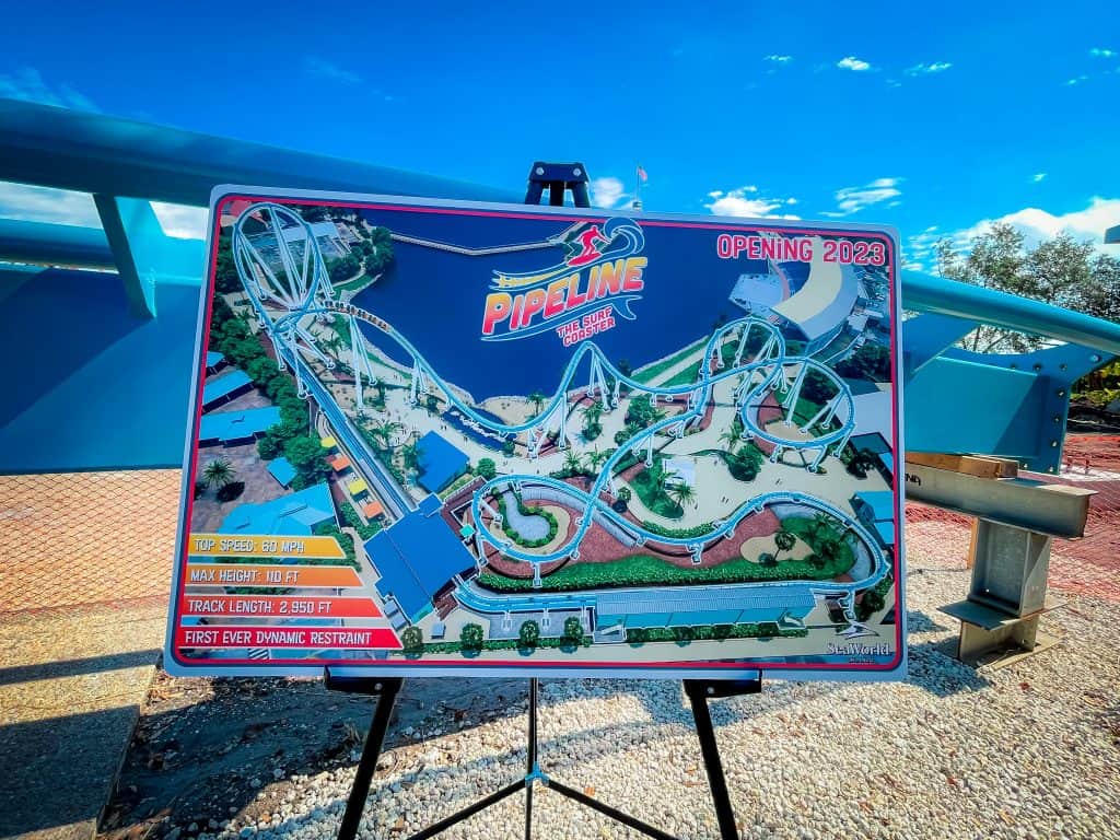 Ride layout concept art on poster board in front of a piece of ride track