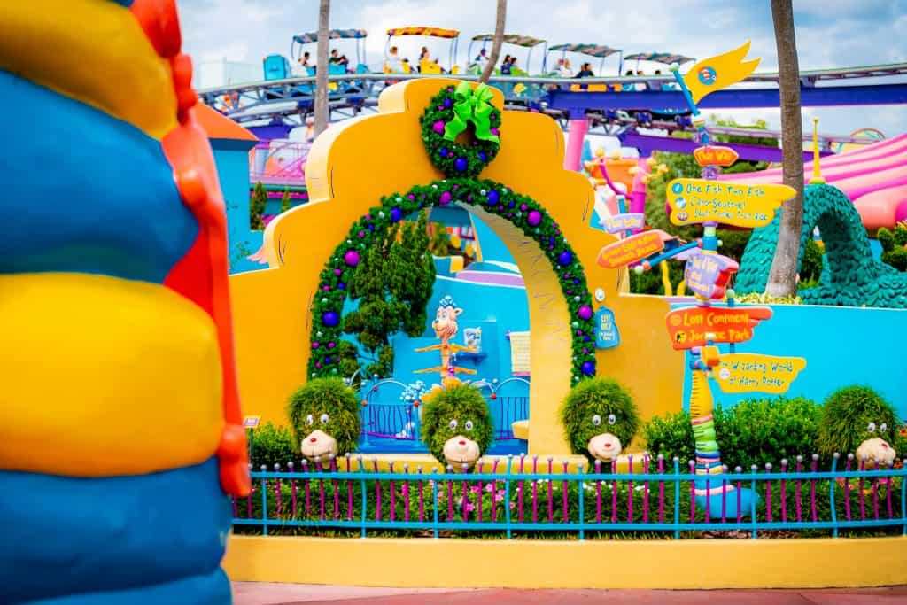 Holiday garland lining an archway in Seuss Landing