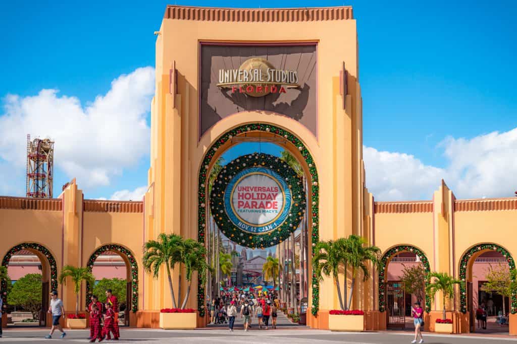 The Universal Studios Florida arches donning holiday decor