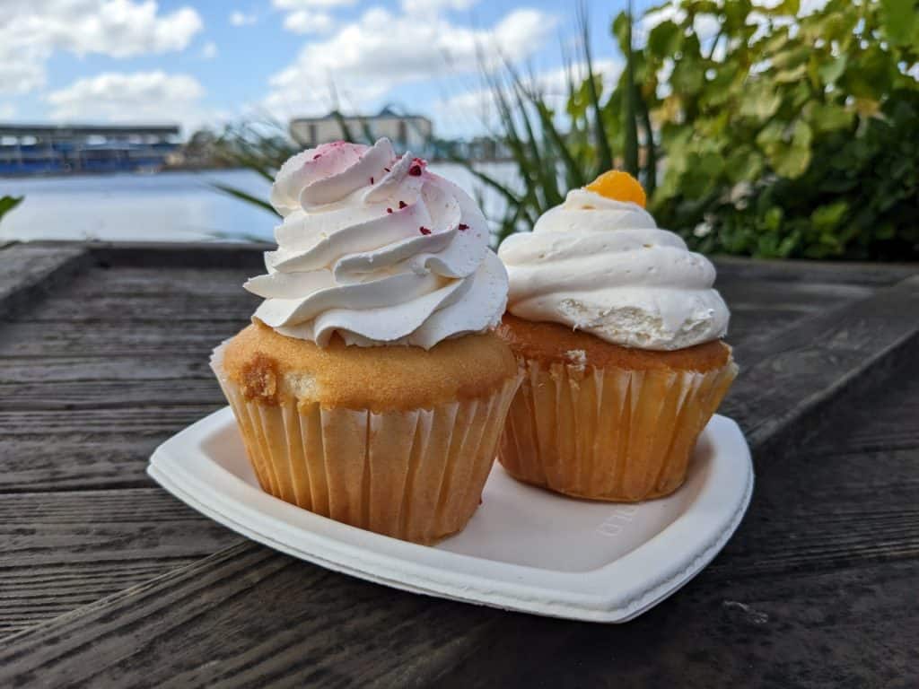 (Left) Vanilla cupcake, raspberry jam filling, vanilla whipped frosting, freeze-dried raspberry (Right) Orange cupcake, Grand Marinier syrup, cream cheese frosting