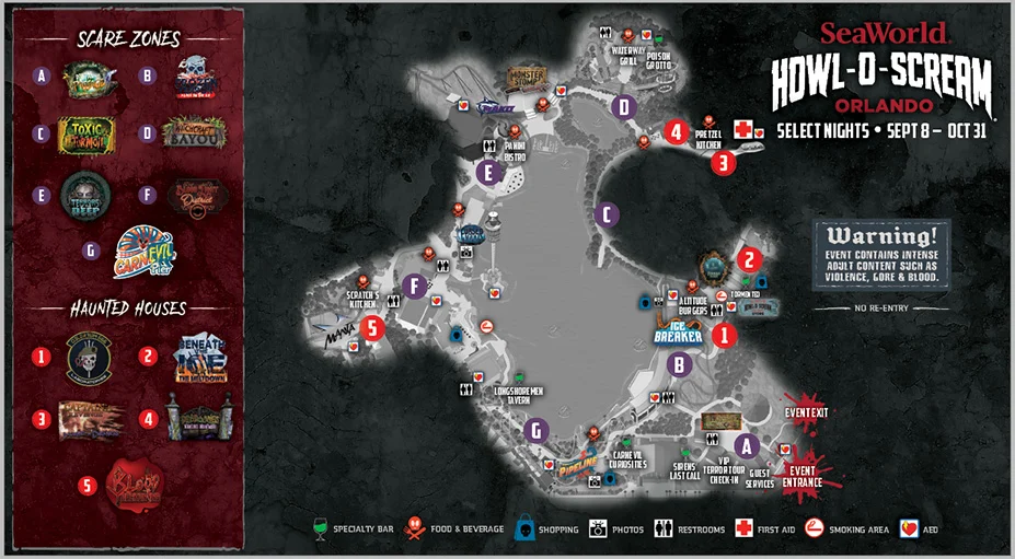 Event Map for Howl-O-Scream at SeaWorld Orlando 2023