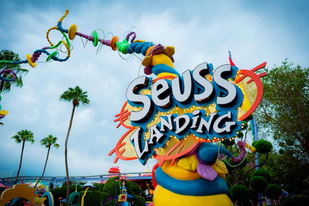 In Seuss Landing, whimsy's always expanding, where whimsical wonders are quite outstanding
