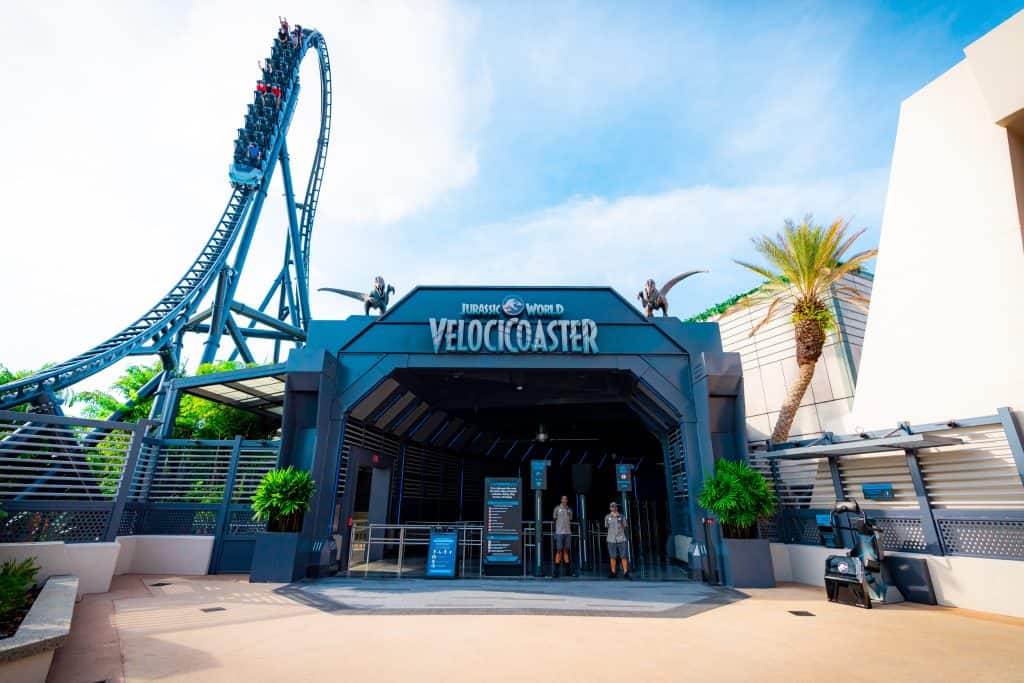 Pyrock and Blizrock at the entrance of Jurassic World VelociCoaster