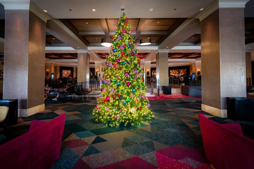 Hard Rock Hotel lobby decorated for the holidays