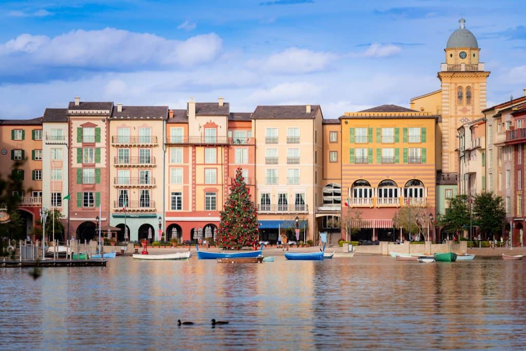Loews Portofino Bay Hotel piazza decorated for the holidays