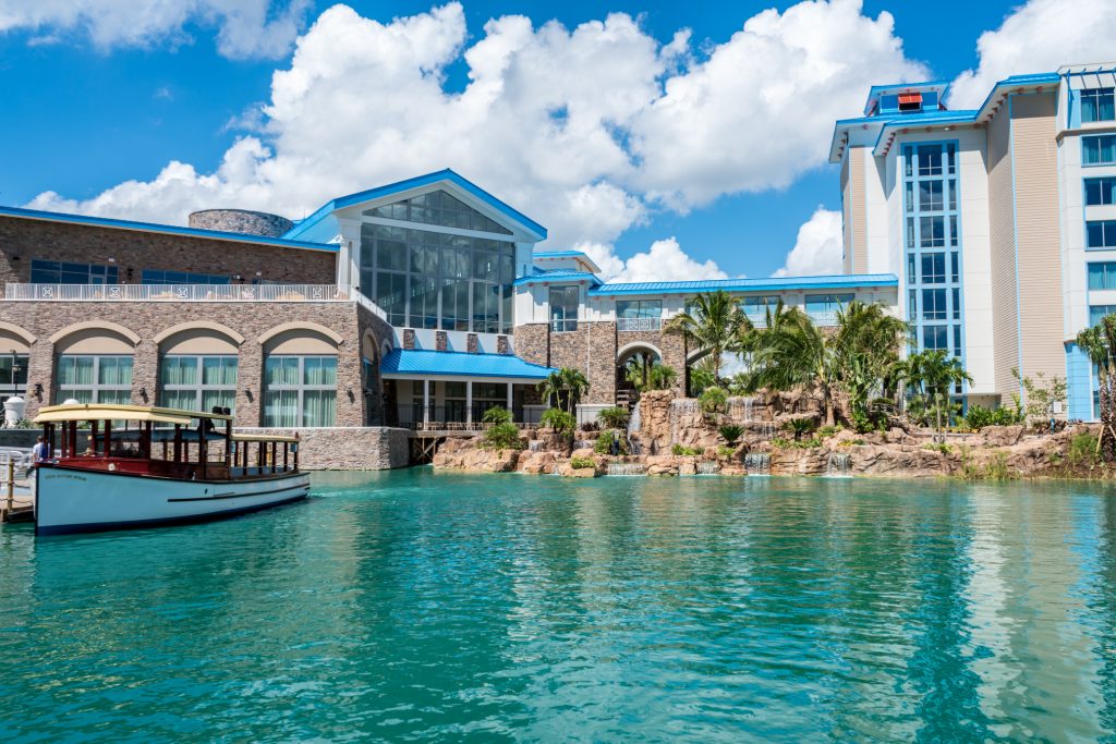 The sapphire-blue waterfalls are a stunning feature of this resort