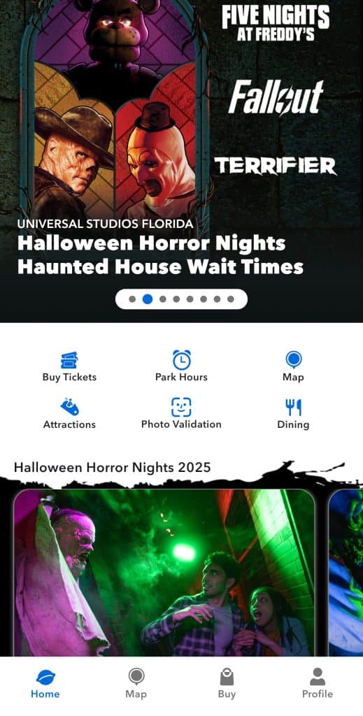 Universal Orlando mobile app menu