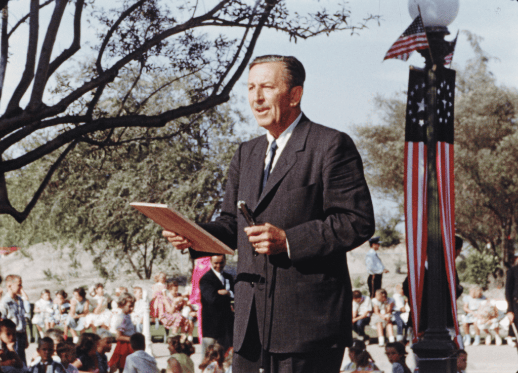 Walt Disney giving a speech, as seen in the new film, Disneyland Handcrafted
