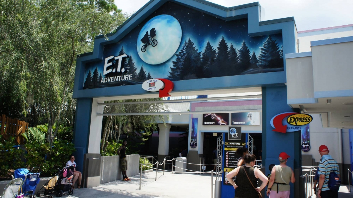 The entrance to the E.T. Adventure with the iconic image of the flying bicycle