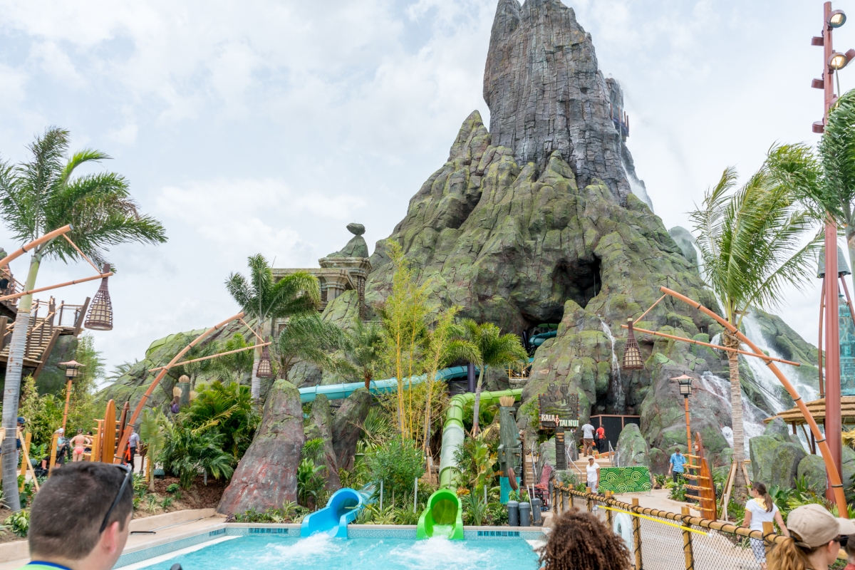 Two slides emerge from the body of the Krakatau volcano of Volcano Bay